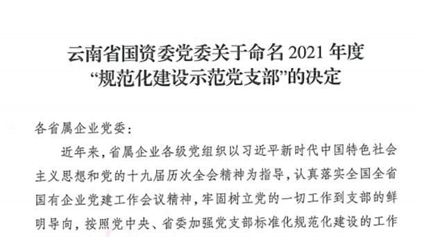 热烈祝贺！云煤（东升国际官网）集团所属2个党支部被定名为省国资委2021年度“规范化建设示范党支部”